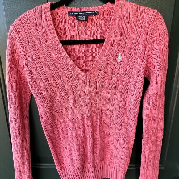 Ralph Lauren Sport Pink Cable Knit Cotton Sweater XS V-Neck Pony Logo Preppy - Picture 1 of 5